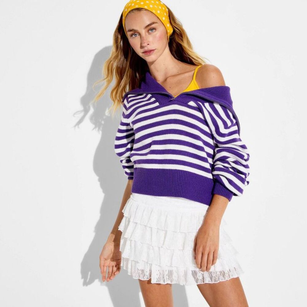 Women's Long Sleeve Quarter Zip Polo Sweater - Wild Fable Purple Striped M